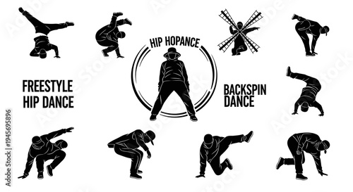 Black  White Hip Hop Dance Silhouettes: Freestyle, Backspin, Moves