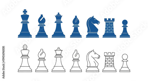 Chess piece set displays contrasting blue solid pieces versus white outline variations for.
