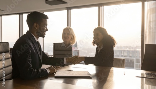 Two diverse business partners shaking hands over a signed contract on a polished table in a well-lit modern office with a bright city view.