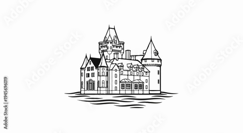 Ornate black and white line art drawing of a large, multi-towered manor on a wavy base