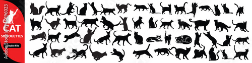 Black cat silhouettes vector illustration, diverse feline poses artwork, decorative animal icons, playful pet design elements, artistic nature inspired graphics, creative feline motif