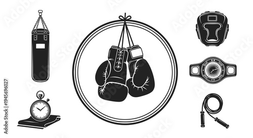 Black  White Boxing Equipment Iconography Set