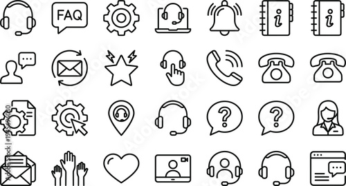 Customer support and help center line icon set with headset faq contact symbols minimal outline vector illustration collection