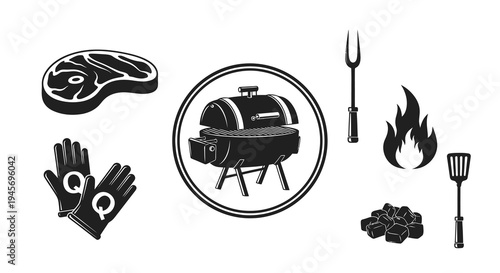 Barbecue icons, black and white illustration of grilling elements
