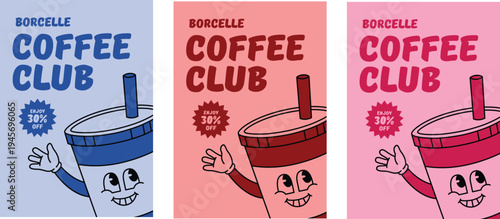 Retro rubber hose style mascot coffee cup with straw and discount badge on blue pink and red background set