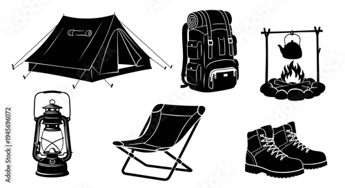 Black and White Camping Gear Silhouette Vector Set: Tent, Backpack, Campfire, Lantern, Chair, Boots