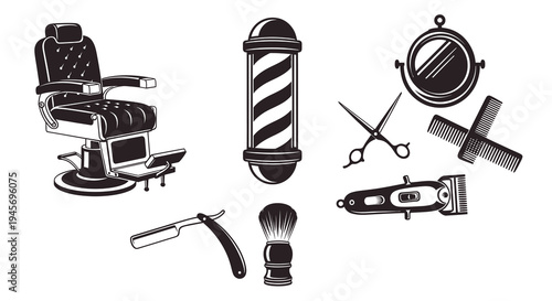 Barbershop Tools Vintage Illustration Set - Chair, Pole, Razor, Scissors, Clipper
