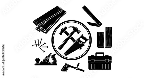 Black and White Vector Icons of Carpentry Tools and Materials