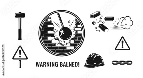 Retro Industrial Demolition Tools and Safety Icons Set - Sledgehammer, Wrecking Ball