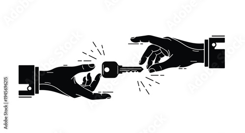 Two silhouetted hands in formal cuffs exchange a detailed metal key across a central bright spark in a stark black and white transaction illustration.