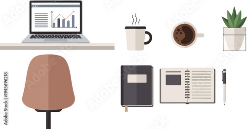 Flat design of a desk with a laptop, coffee, notebook, pen, and plant