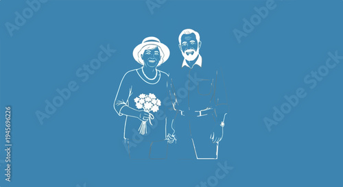 Joyful elderly couple with flowers, holding hands, happy smiles, and elegant attire