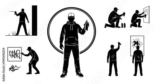Graffiti Artist Silhouettes: Urban Street Art with Spray Cans - Black  White Vector Glyphs