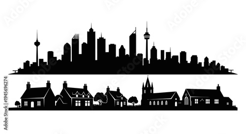 Black and White Silhouette of City Skyline and Suburban Houses