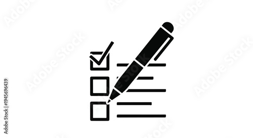 Stylized black pen icon checking off boxes on a minimalist checklist against a stark white background, visually representing task completion, successful project management, and the efficient process.