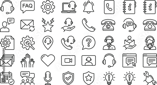 Customer support and helpdesk line icon set with headset faq contact service symbols minimal outline vector illustration collection