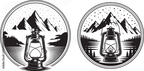 Set of two circular emblems featuring vintage kerosene lanterns against mountain and water landscapes with kerosene lantern