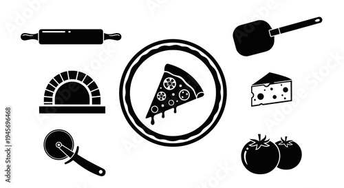 Black  White Glyph Pizza Icons Set for Food Industry: Tools, Ingredients,  Restaurant Elements