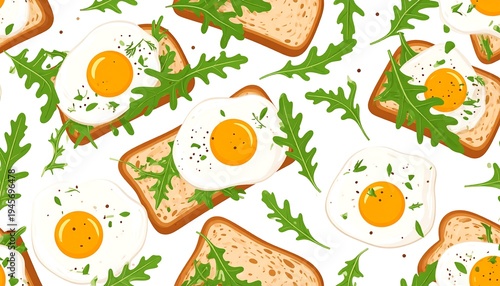 Delicious Fried Eggs on Toast with Fresh Greenery.