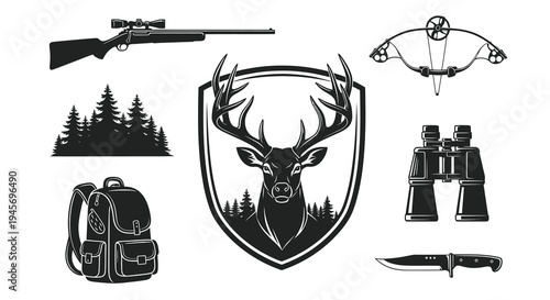 Black  White Hunting Glyphs: Deer, Rifle, Bow, Binoculars, Knife, Backpack Icons Set