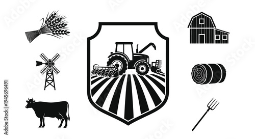 Farming and Agriculture Glyph Icons Set: Tractor, Barn, Cow, Wheat, Hay, Windmill Symbols