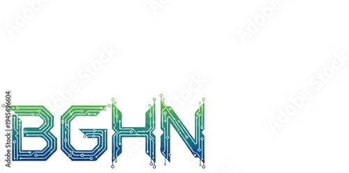 Circuit board letters glow with blue and green technological hues