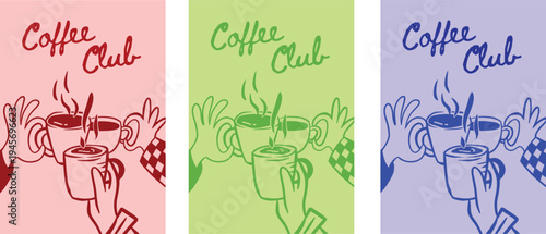 Hands holding coffee mugs toasting together in comic book style on pink green and purple background collection