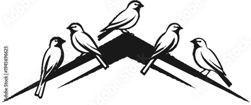 Five birds perched on a stylized zigzag roof or mountain crest