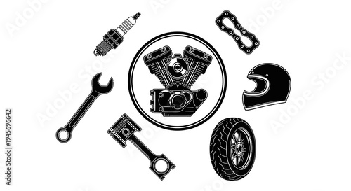 Motorcycle Engine Parts and Accessories Black and White Vector Icons