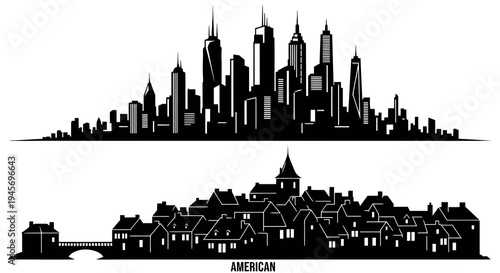 Black and White American City Skyline Silhouette Vector Art