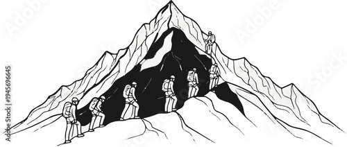 Climbers ascend a formidable mountain peak, a challenging ascent towards the summit