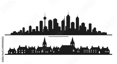 Black Silhouette of City Skyline and Townscape, Urban Landscape, Architecture