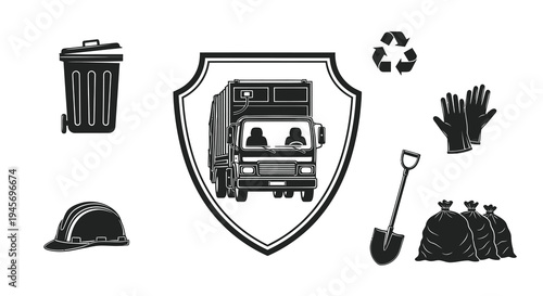 Garbage Truck  Recycling Icons - Sanitation  Waste Management Black  White Vector Art