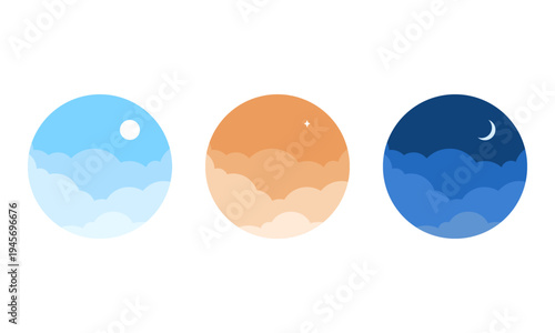 時間帯のシンボルのアイコンセット/昼・夕方・夜/シンプルでフラットな空のイラスト/上空