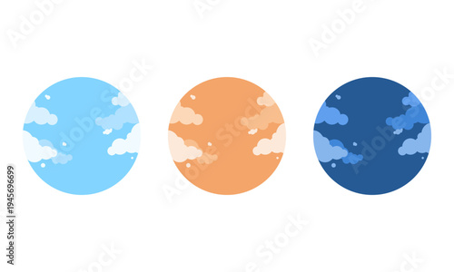 時間帯のシンボルのアイコンセット/昼・夕方・夜/シンプルでフラットな空のイラスト