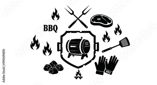Black and White BBQ Grill Icon Set with Steak, Utensils, and Fire