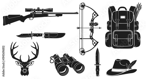 Hunting Gear Icons: Rifle, Bow, Backpack, Knife, Binoculars, Deer, Hat