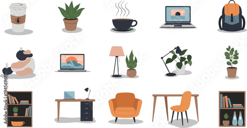 Home office setup with coffee, plants, and cozy seating