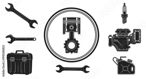 Automotive Icons: Wrench, Engine, Spark Plug, Toolbox, Jerry Can, Piston