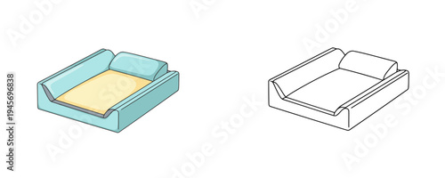 Baby changing pad in flat cartoon and linear styles with blue fabric and yellow center representing nursery equipment for infant care on white background