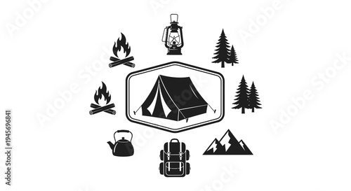 Camping and Outdoor Adventure Icons Set, Black and White Glyph Art