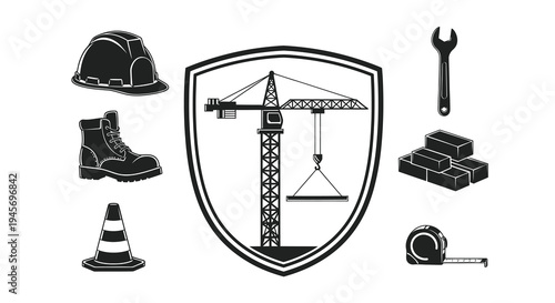 Construction Icons: Crane, Helmet, Boot, Cone, Wrench, Bricks, Tape Measure