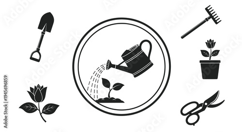 Gardening Icons: Shovel, Watering Can, Plant, Rake, Scissors, Flower - Black  White Glyph