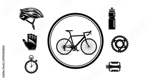 Black  White Bicycle Icons: Helmet, Gloves, Stopwatch, Bike, Bottle, Gear, Pedal