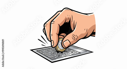 Hand scratching lottery ticket with coin, revealing symbols
