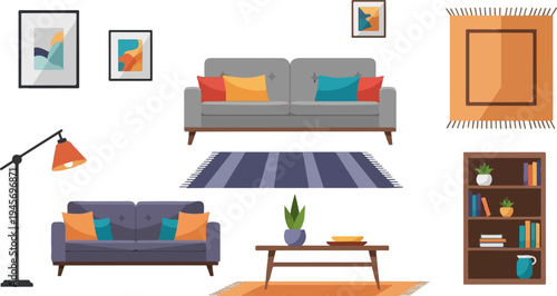Interior living room elements including couches, rugs, lamps, artwork, and plants