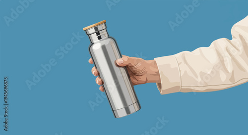 Hand holding a shiny metal water bottle with a wooden lid
