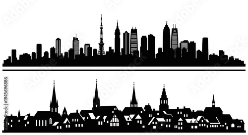 Black and White Silhouette Skyline of Modern City and Old Town Buildings