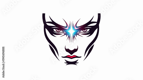 Intense gaze with glowing star between eyes, stark lines