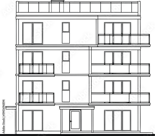 Architectural drawing of a modern multi story building isolated on transparent background
